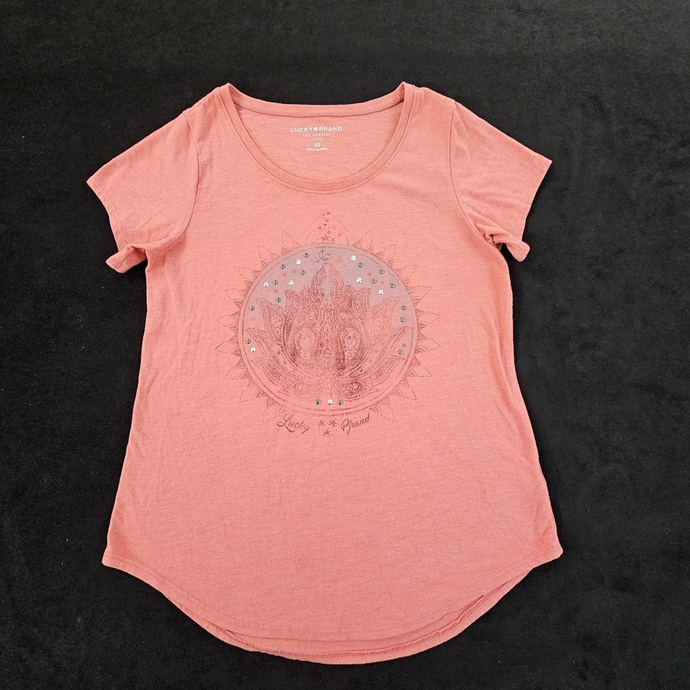 Lucky Brand Lotus Mandala Pink Short Sleeve Studded Tri-Blend T-Shirt Women's XS